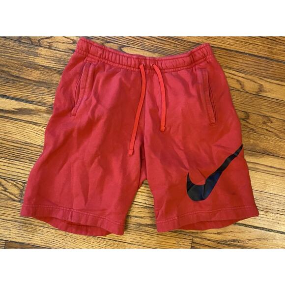 Vintage Nike Big Swoosh Sweat Shorts Pockets Men’s Medium Red Drawstring Pull On - Picture 1 of 7